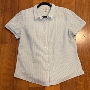 L.L. Bean Teal Blue and White Seersucker Striped Shirt Button Down 100% cotton